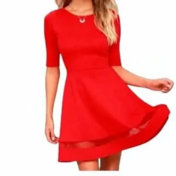 Lulus Dresses & Skirts - Lulu’s Sheer Factor Red Mesh Skater Dress Fit & Flare Half Sleeve Size Medium